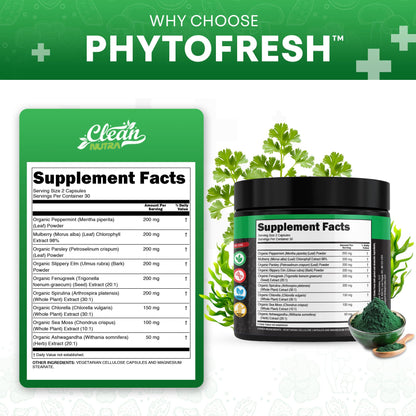 Clean Nutra Chlorophyll Capsules Supplement Internal Deodorant Peppermint, Sea Moss, Parsley, Chlorella, Spirulina, Slippery Elm, Ashwagandha, PhytoFresh Greens Detox Pills Clean NutraceuticalsBuy Supplements Australia