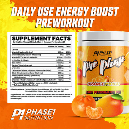 Pre Phase Daily Driver Orange Mango Pre Workout with 325mg Caffeine, Vitamin B12, Beta Alanine | Preworkout for Energy, Weight & Strength Training, Endurance and Pump - Phase 1 Nutrition