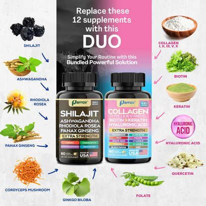 Parrox Adaptogen & Beauty Bundle – Rhodiola, Panax Ginseng, Ashwagandha, Cordyceps, Turmeric, Collagen, Biotin, Keratin, MSM, Hyaluronic Acid, Zinc, Quercetin, Vitamin C, A & E, Folate, Magnesium ParroxBuy Supplements Australia