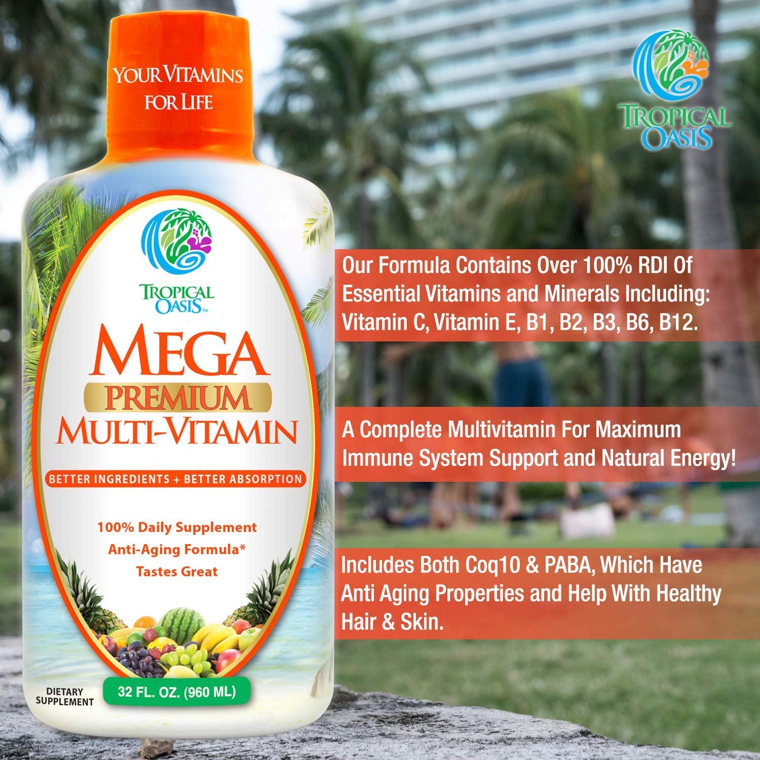Mega Premium Liquid Multivitamin | Natural Immune Support Vitamin w/ 1333% Vitamin C, 200% D3, Zinc + 20 Vitamins, 70 Minerals, & 21 Amino Acids | Sugar Free | Orange Flavor | 98% Absorption | 32 Serv Tropical OasisBuy Supplements Australia