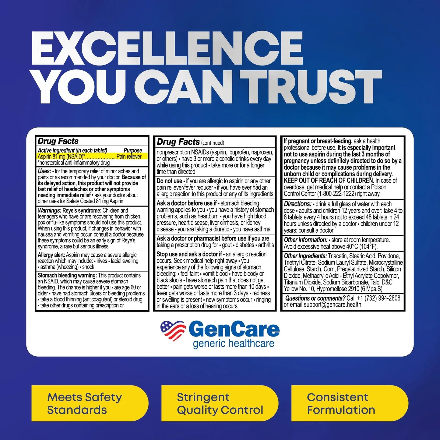 GenCare - Low Dose Aspirin 81mg for Adults Coated (NSAID) 500 Tablets | Adult Low Dose | Enteric Coated Aspirin Pills | Muscle Pain & Menstrual Pain Relief | Fever Reducer | Generic Bayer GenCareBuy Supplements Australia