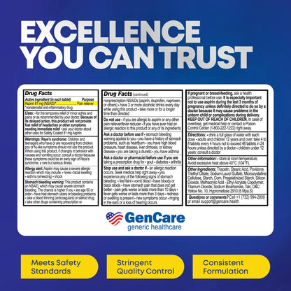 GenCare - Low Dose Aspirin 81mg for Adults Coated (NSAID) 500 Tablets | Adult Low Dose | Enteric Coated Aspirin Pills | Muscle Pain & Menstrual Pain Relief | Fever Reducer | Generic Bayer GenCareBuy Supplements Australia