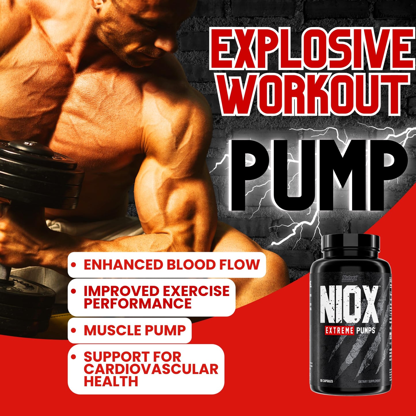 Nutrex Research NIOX Extreme Pumps - 180-Count Pre-Workout Pump Supplement with Arginine Nitrate, Vitamin C, AstraGin for Muscle Pump, Vascularity, Endurance, NO3-T