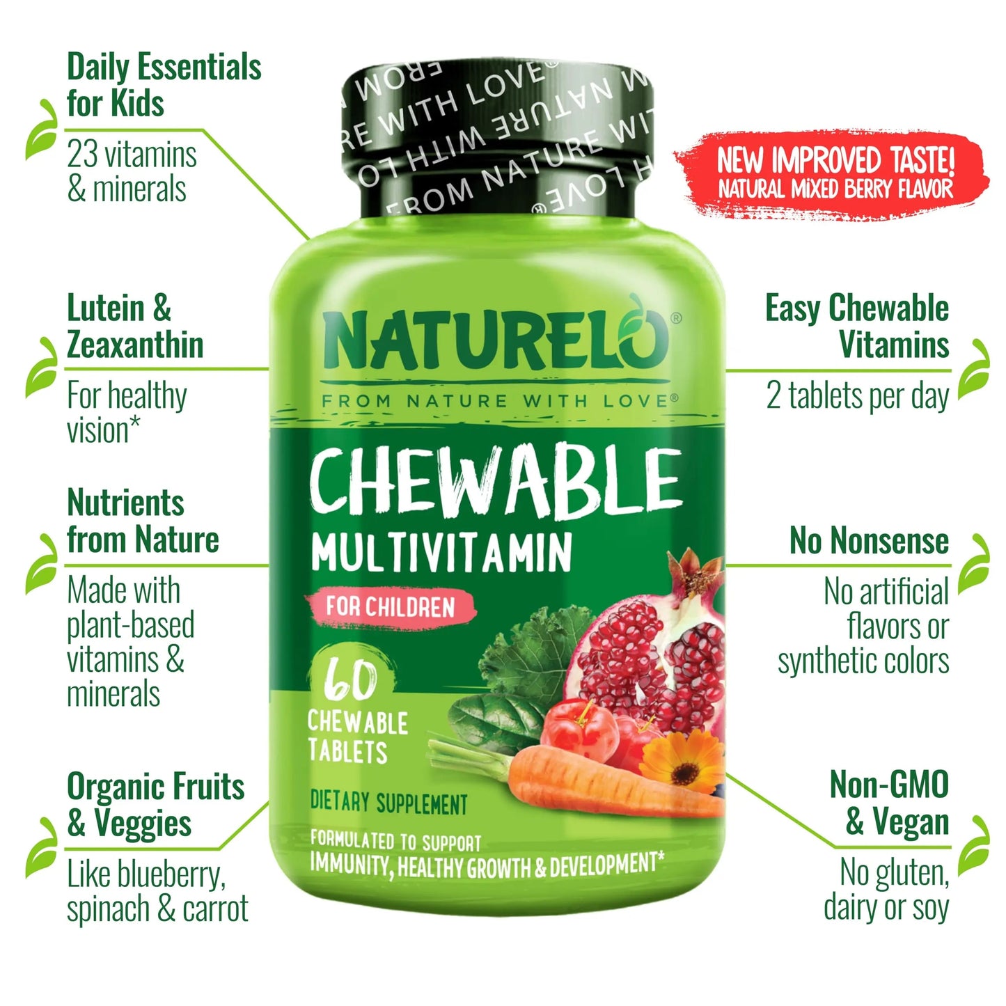NATURELO Chewable Vitamin for Kids Multivitamin with Whole Food Organic Fruit Blend - 60 Tablets for Children NATURELO
