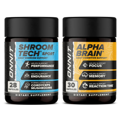 ONNIT Cognitive & Endurance Support Bundle: Alpha Brain Nootropic Capsules (30 Count) + Shroom Tech Sport Exercise Support Capsules (28 Count), IGEN Non-GMO Tested Focus, Energy & Endurance, 2 Pack ONNITBuy Supplements Australia