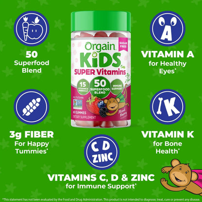 Orgain Kids Sugar Free Multivitamin Gummies, Vegan & Plant Based, 50 Superfoods, 15 Vitamins and Minerals, Immune Support and 3g of Fiber OrgainBuy Supplements Australia