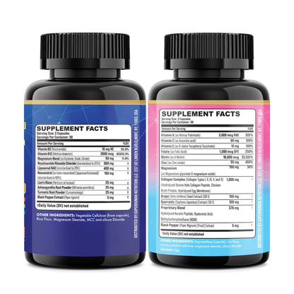 Parrox Forever Young Set with Liposomal NAD, Nicotinamide Riboside, Magnesium, Resveratrol, Lion's Mane, Collagen Peptides Types I, II, III, V and X, Biotin & Keratin, Hyaluronic Acid, Zinc, Quercetin ParroxBuy Supplements Australia