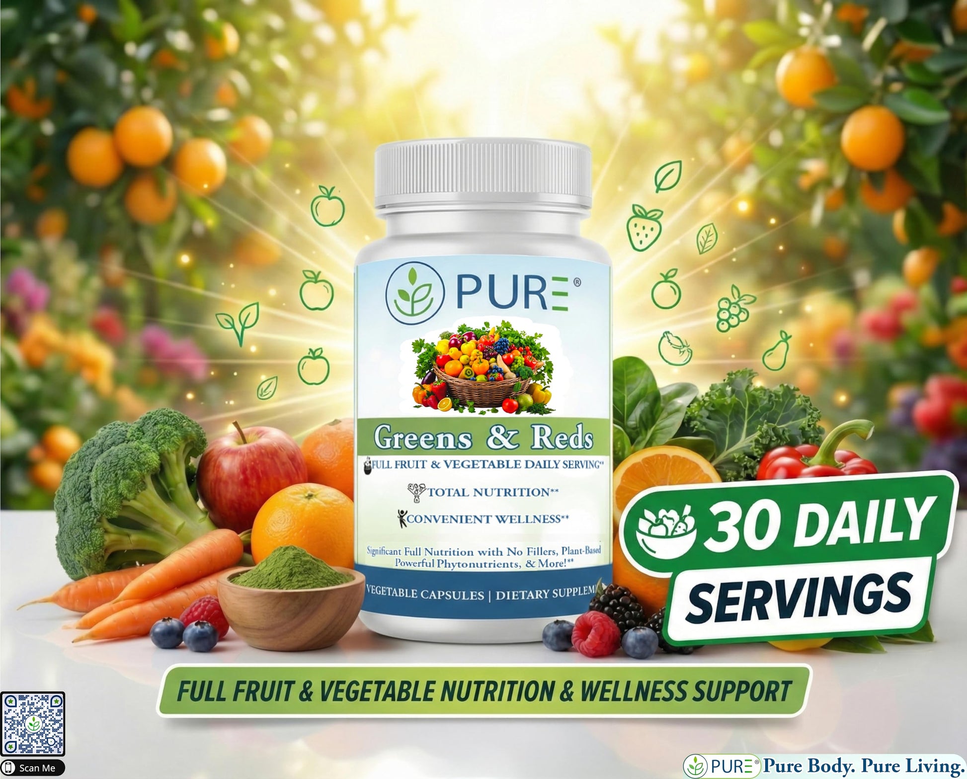 PURE® Greens & Reds Capsules - 30 Servings - 9 Daily Servings of Fruits & Vegetables in 1 Capsule - PhytoServ® Superfood Blend with Broccoli, Kale & Berries - Plant-Based Phytonutrient Shield PUREBuy Supplements Australia