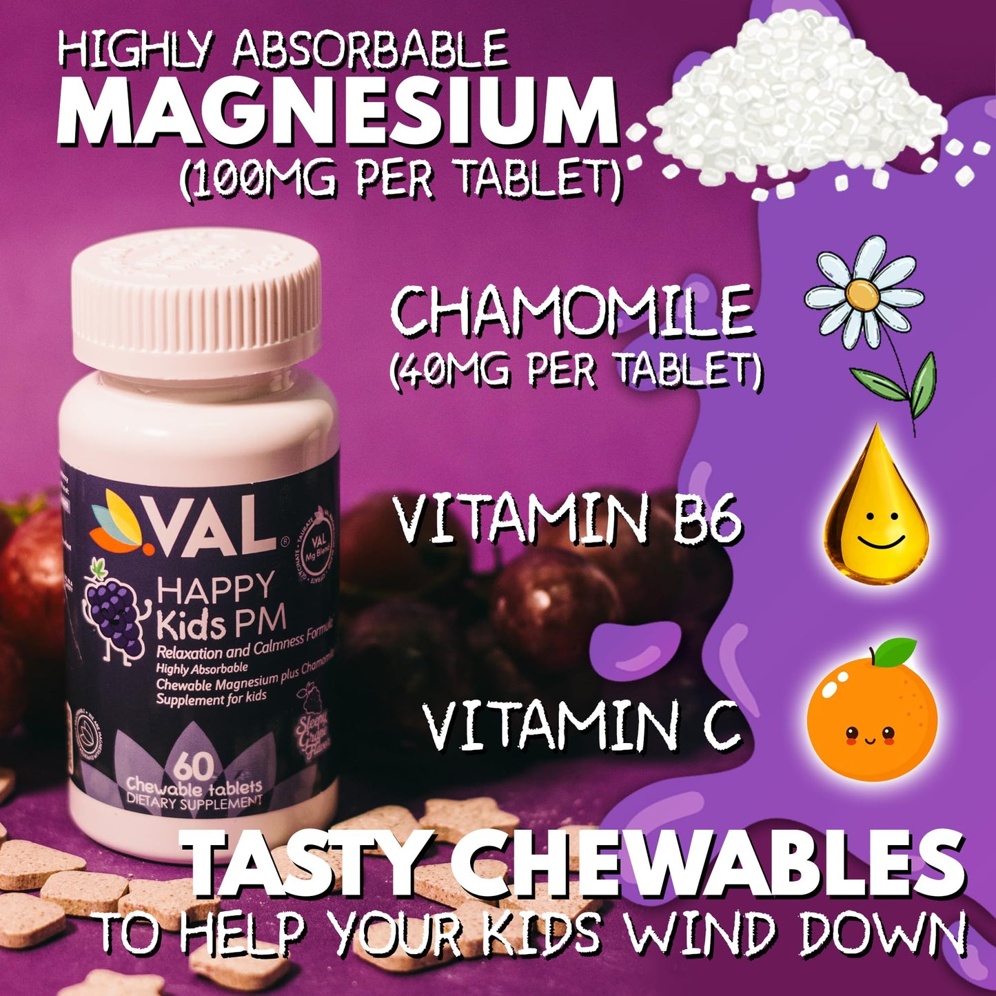 VAL Kids PM Magnesium Gummies | Sugar-Free Chewable Tablets with Chamomile, Magnesium Glycinate + Citrate + Taurate | Vitamin B6 & C | Natural Grape Flavor | Sleep & Calm Support | 60 Ct | Ages 4+ VALBuy Supplements Australia