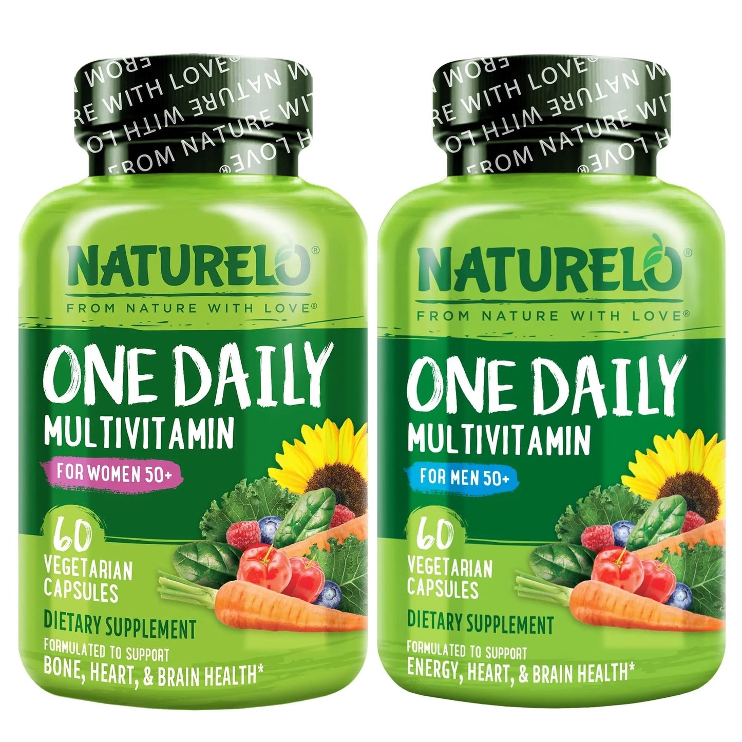 NATURELO One Daily Multivitamin for Men 50+, 60 Capsules and One Daily Multivitamin for Women 50+ (Iron Free), 60 Capsules Bundle - 2 Month Supply NATURELO