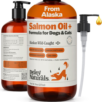 Deley Naturals Wild Alaskan Salmon Oil for Dogs & Cats - New and Improved Salmon Oil Plus Formula - Fish Oil for Dogs with Omega 3, DHA and EPA - Omega 3 for Healthy Skin and Coat - 8oz Made in USA Deley NaturalsBuy Supplements Australia