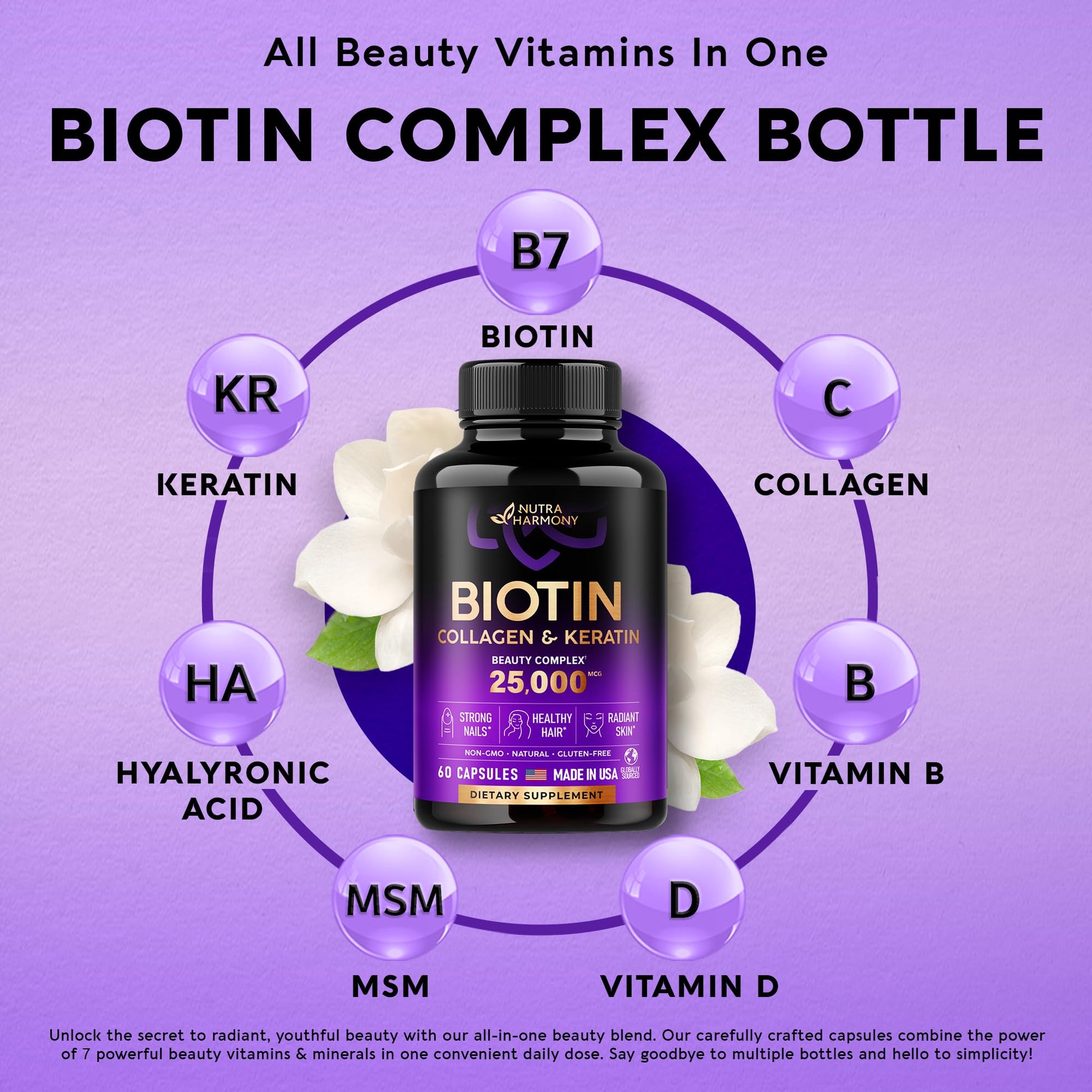Biotin | Collagen | Keratin | Hyaluronic Acid - Hair Growth Support Pills, 25000 mcg NUTRAHARMONYBuy Supplements Australia
