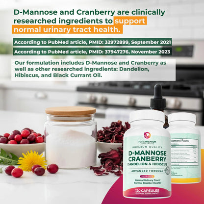 PurePremium D-Mannose with Cranberry, Hibiscus & Dandelion - 1000mg D-Mannose Supplements for Women Supports Urinary Tract Health & Bladder Health - Made in USA, Vegan, 120 Capsules, 2 Month Supply PurePremium SupplementsBuy Supplements Australia