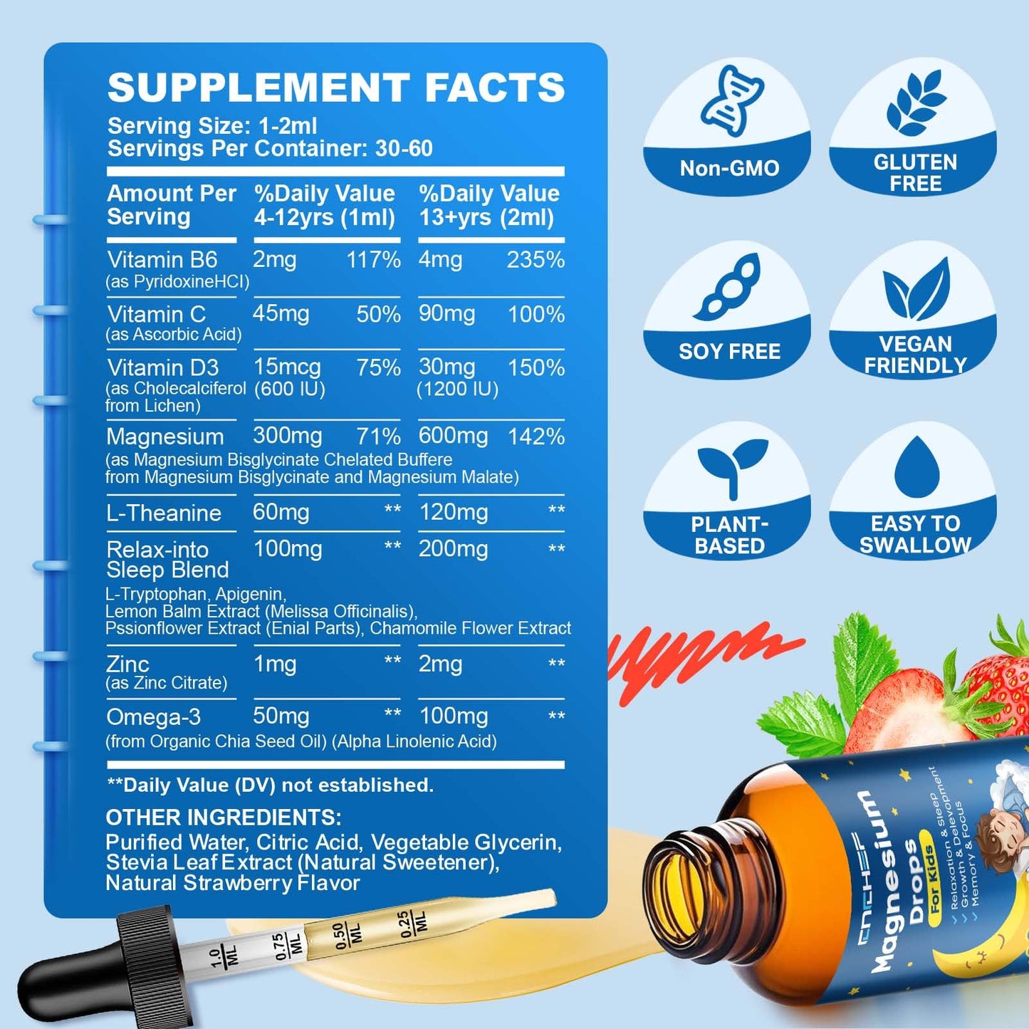 Magnesium Drops - Magnesium Glycinate Liquid Drops for Kids - Calm, Sleep, Relaxation, Bones, Brain Support with Vitamin B6, C, D3, Omega-3, L-Theanine, Zinc, Multivitamins - Strawberry Flavor 2 Fl Oz CNCHEFBuy Supplements Australia