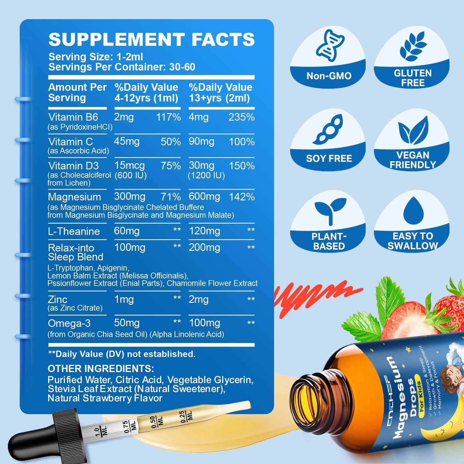 Magnesium Drops - Magnesium Glycinate Liquid Drops for Kids - Calm, Sleep, Relaxation, Bones, Brain Support with Vitamin B6, C, D3, Omega-3, L-Theanine, Zinc, Multivitamins - Strawberry Flavor 2 Fl Oz CNCHEFBuy Supplements Australia