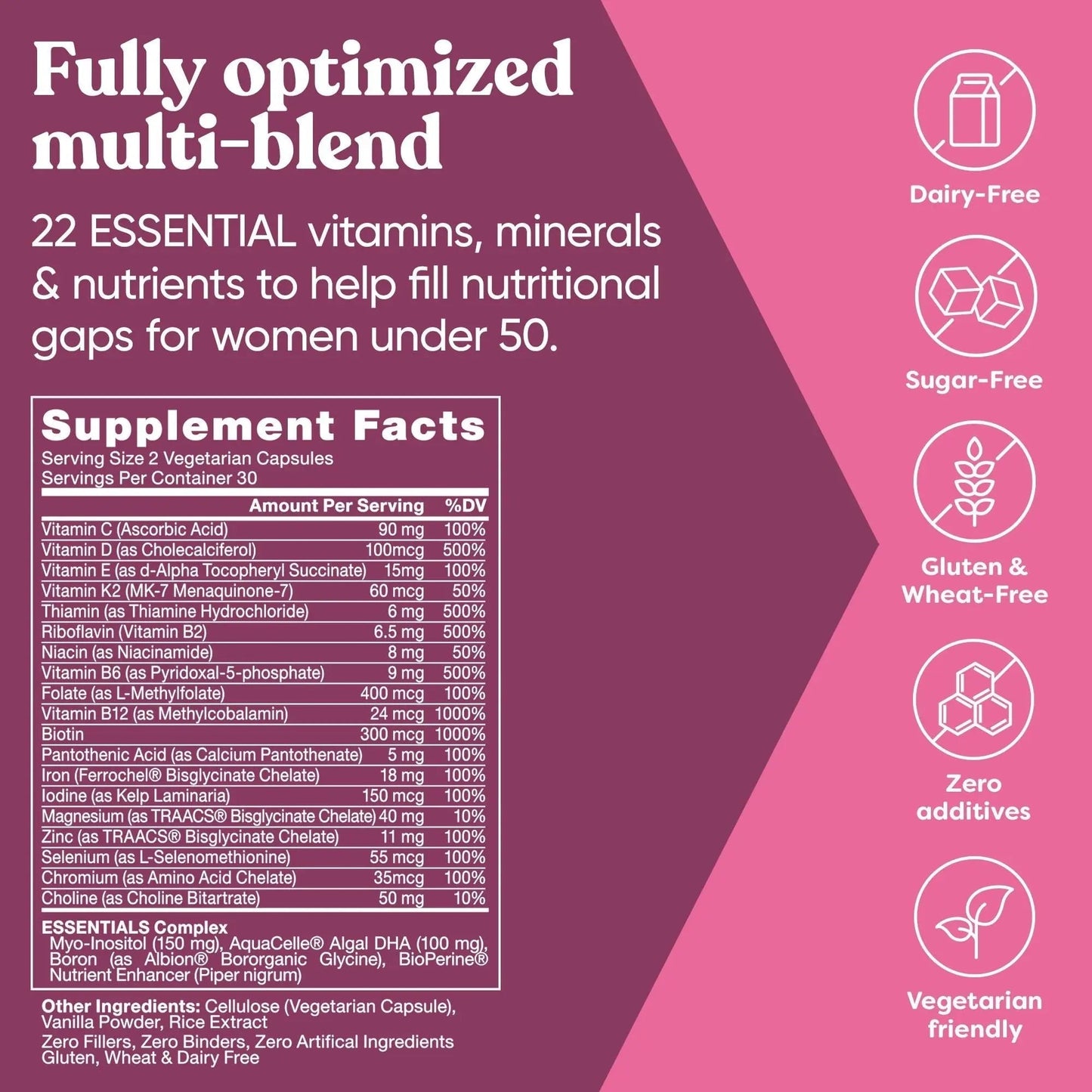Next Gen Multivitamin for Women – 22 Optimized Vitamins for Immunity, Beauty, Brain, Energy, Bones and Heart – Vitamin C, D, E, K, Iron, B6 and DHA Eu Natural