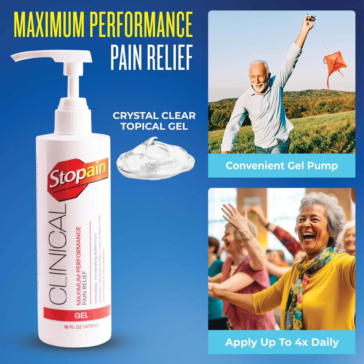 Stopain Clinical Pain Relief Gel 16 oz - Professional Formula for Arthritis, Knee, Back & Muscle Pain - Maximum Strength Gel for Joint & Nerve Pains with 10% Menthol Plus Glucosamine - Made in USA StopainBuy Supplements Australia