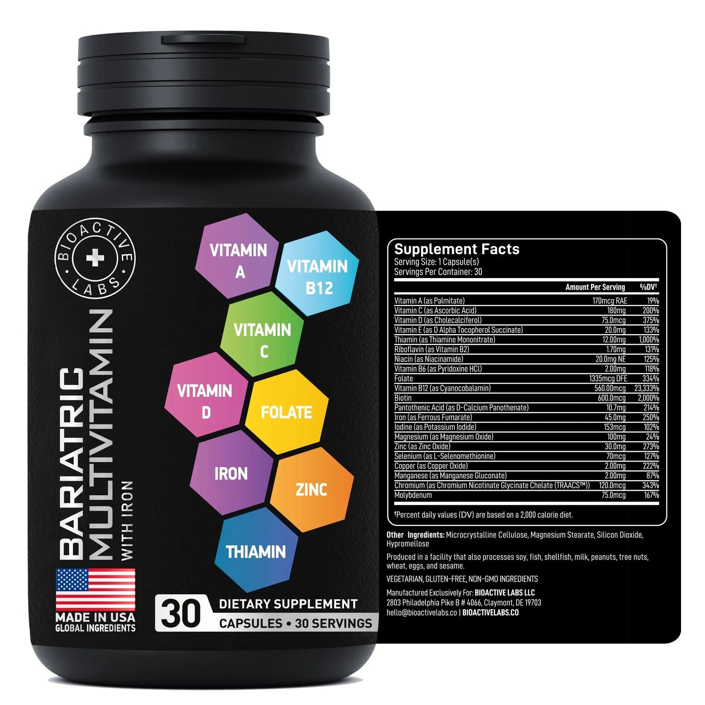 Bariatric Multivitamin with Iron 45mg for Women & Men - 21-in-1 Essential Post Gastric Bypass and Gastric Sleeve Vitamins A,C,D,E, B Complex BIOACTIVE LABS
