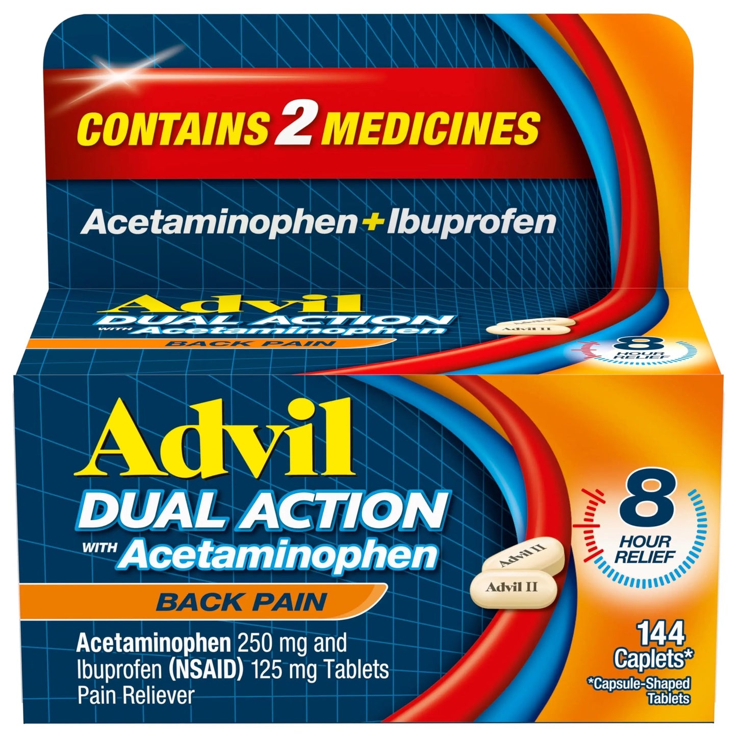 Advil Dual Action Back Pain Caplets Delivers 125mg Ibuprofen and 250mg Acetaminophen Per Dose for 8 Hours of Back Pain Relief - 144 Count AdvilBuy Supplements Australia