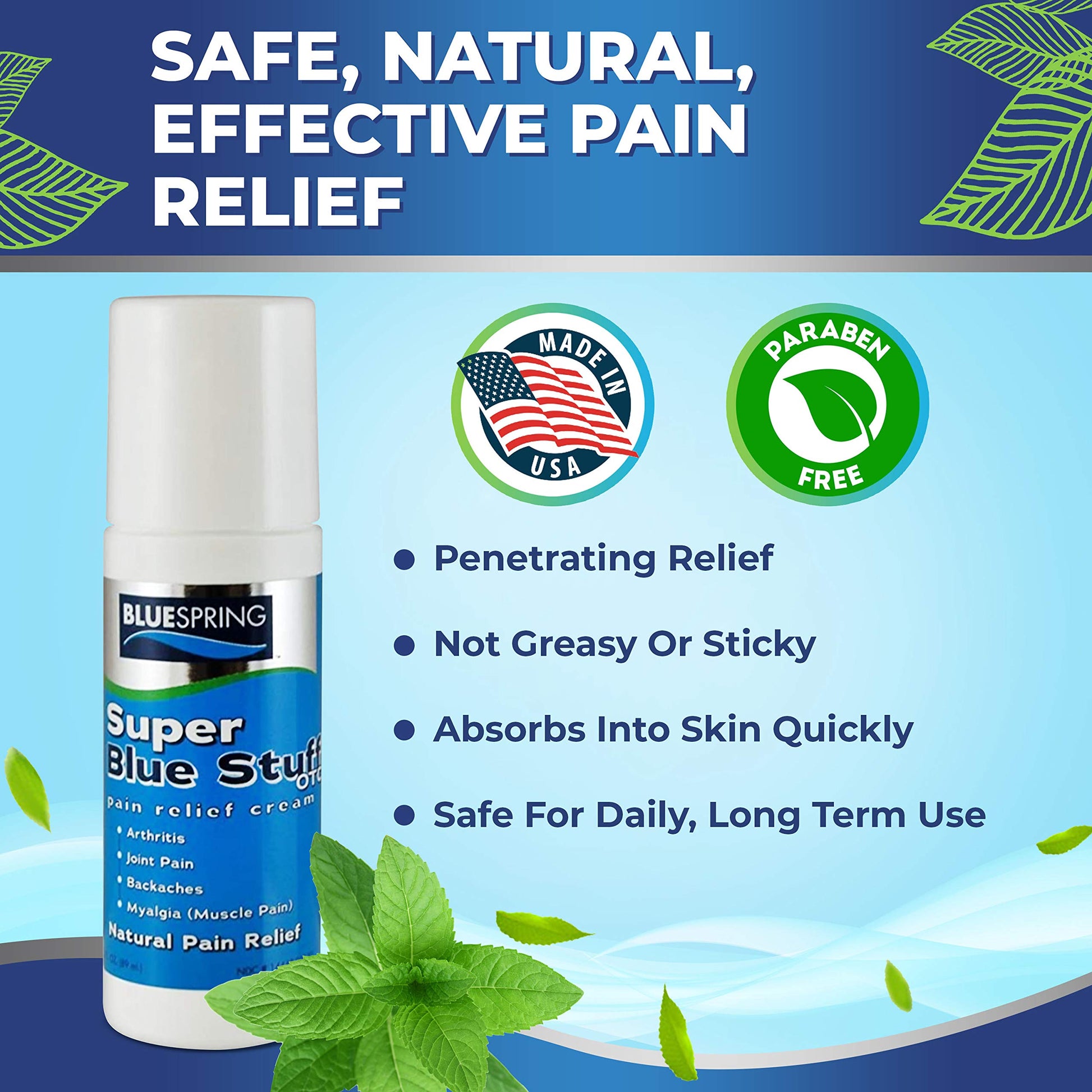Super Blue Stuff Natural Pain Relief roll on with Emu Oil by BlueSpring- Pain relief rub Anti Inflammatory Analgesic Cream for Back, Knee, Joint, Muscle, Arthritis, and neck Pain Relief- 3 Oz roll-on. Emu TherapyBuy Supplements Australia