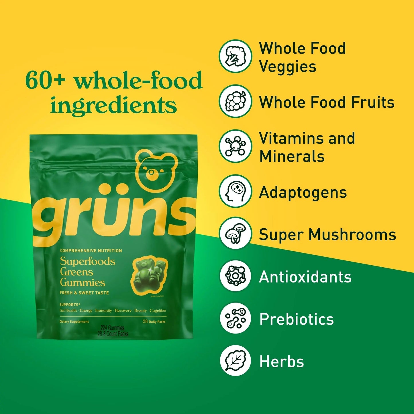 Gruns Adults Super Greens Multivitamin Gummies, Superfood Vitamin Gummy Bears with Spirulina, Chlorella, Prebiotic Fiber for Digestive Health GrünsBuy Supplements Australia