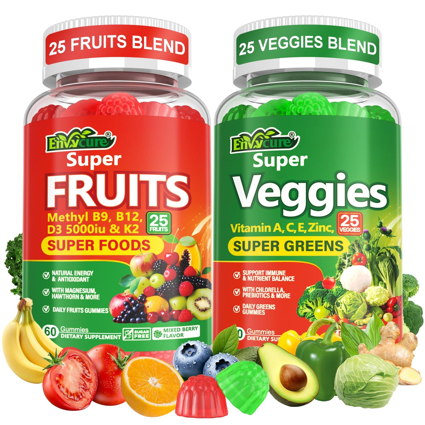 Super Greens Gummies, Daily Green Superfood Supplement w/Spirulina, Chlorella, Mushrooms, Probiotics, Multivitamins, 50+ Super Greens & Veggies Gummies to Boost Immunity, Energy & Gut Health, 120cts EnvyCureBuy Supplements Australia