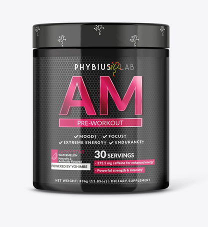 PHYBIUS Lab AM Pre-Workout (Sour Watermelon) Focus, Strength, Powder, 30 Servings