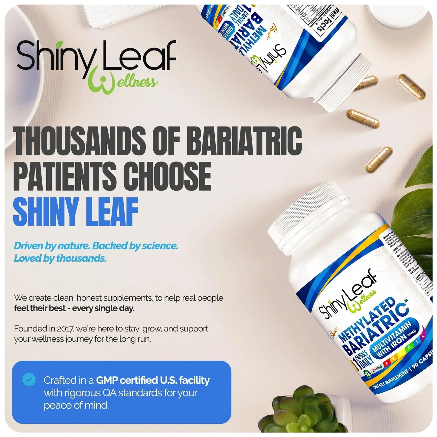 Shiny Leaf Methylated Bariatric Multivitamin with Iron 45mg – Once Daily Capsule, Made in USA, ASMBS Compliant Bariatric Vitamins Shiny LeafBuy Supplements Australia