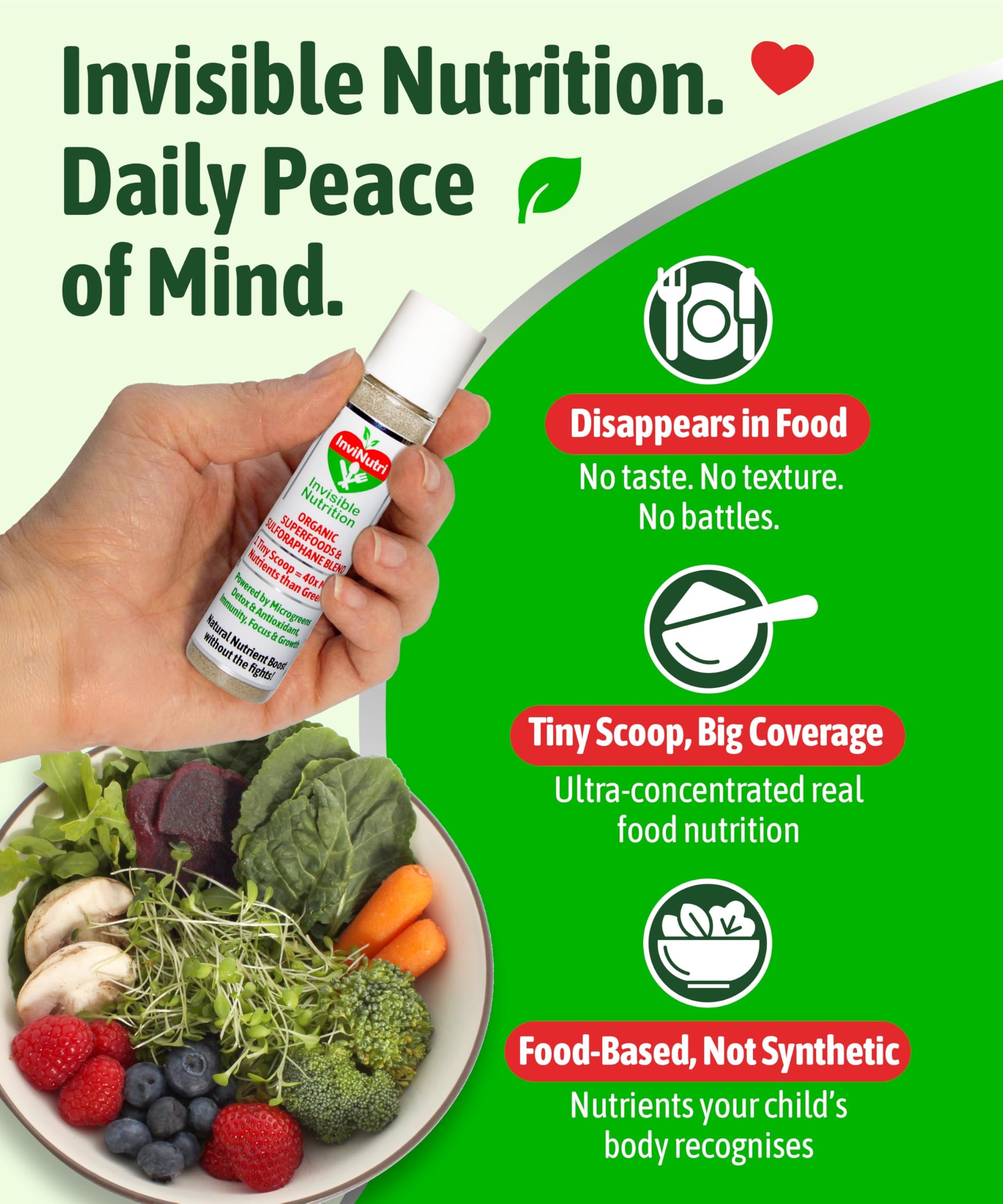 InviNutri Superfood Powder for Sensory & Picky Eaters. A TINY scoop- 40x Nutrient-Rich, 30mg Sulforaphane for Detox. Organic Microgreens, Fruits & Veggies - Blends Invisibly into Most Meals - 24 serv. InviNutri Invisible NutritionBuy Supplements Australia