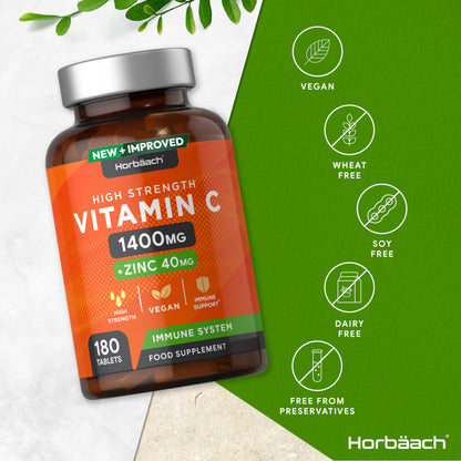 Vitamin C and Zinc | 180 Vegan Tablets | High Strength Vitamin C 1400mg and Zinc 40mg HorbäachBuy Supplements Australia