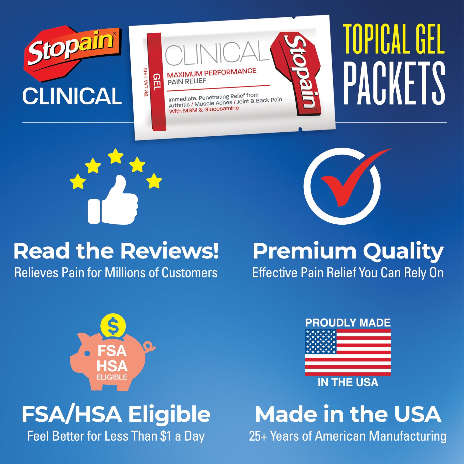 Stopain Pain Relief Clinical Gel Packets, 50 Pack, Made in USA, Maximum Performance Pain Relief with 10% Menthol Plus Glucosamine for Muscle Aches, Joint Pain, and Arthritis StopainBuy Supplements Australia