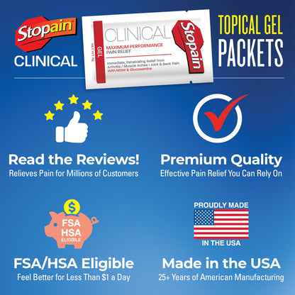 Stopain Pain Relief Clinical Gel Packets, 50 Pack, Made in USA, Maximum Performance Pain Relief with 10% Menthol Plus Glucosamine for Muscle Aches, Joint Pain, and Arthritis StopainBuy Supplements Australia