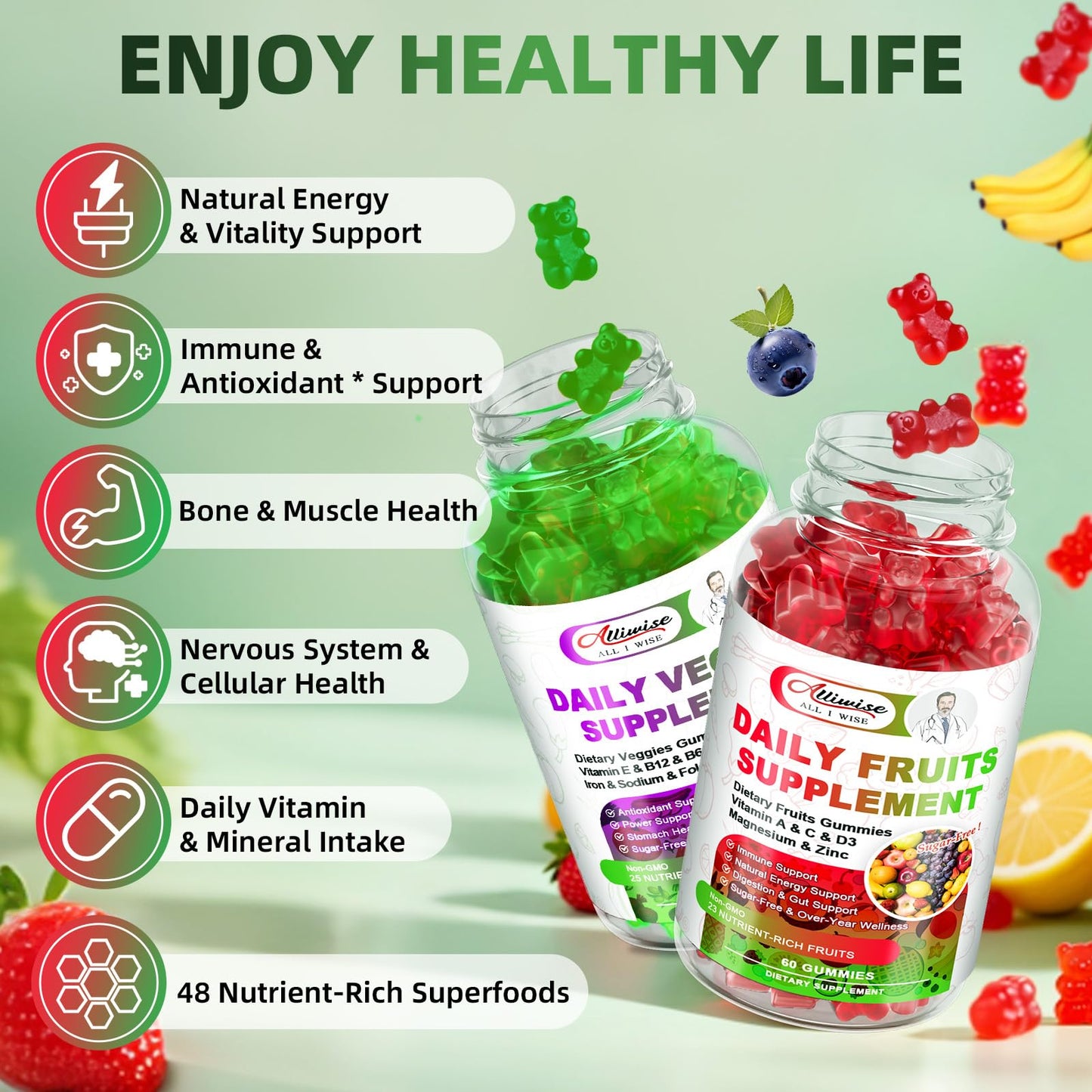 Sugar-Free Fruits & Veggies Gummies, Super Greens with 23 Fruits & 25 Veggies, Multivitamin Minerals & Fiber, Vegan Fruit & Vegetable Supplement for Adults, 120 Gummies, 2 Month Supply AlliwiseBuy Supplements Australia