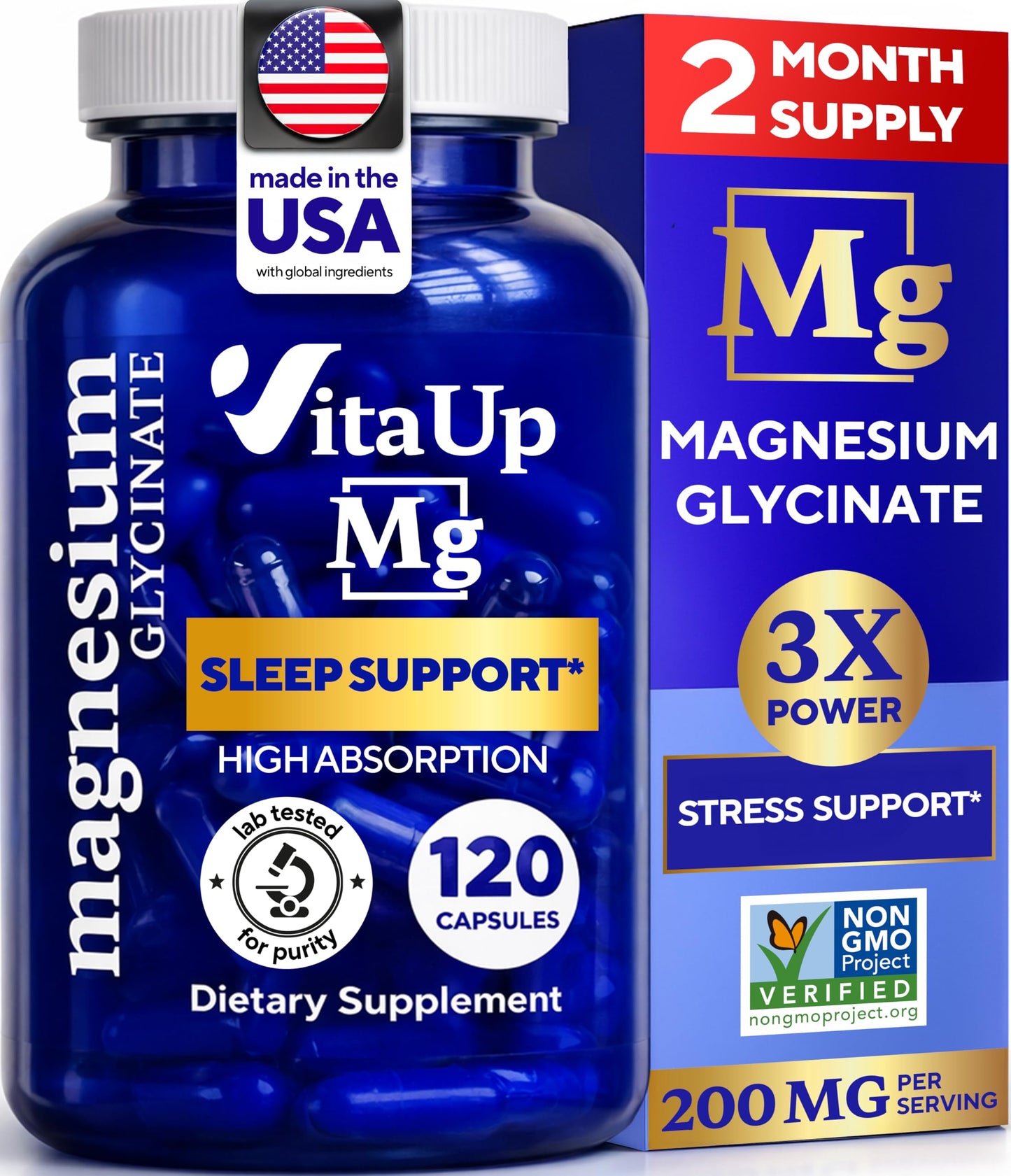 VitaUp Magnesium Glycinate 200mg - USA Made, Highly Absorbed, Non-GMO Magnesium for Relaxation, Deep Sleep, Bones & Heart -