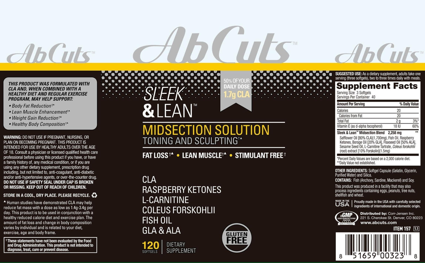 AbCuts Sleek and Lean - 120 Easy-to-Swallow Softgels - CLA Supplement, Fish Oil AbCutsBuy Supplements Australia