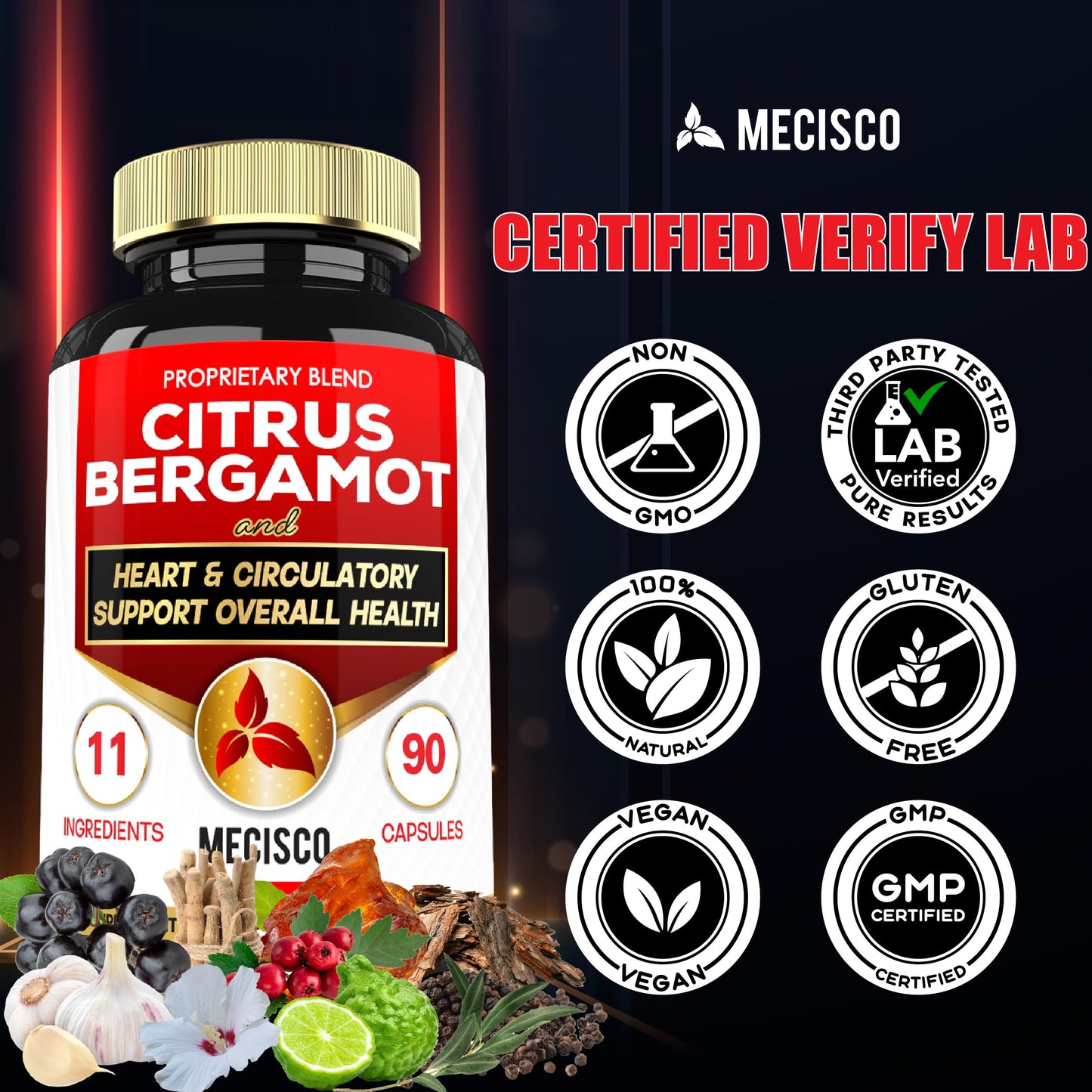 Mecisco 11 in 1 Citrus Bergamot Supplement 1000mg with Black Chokeberry, Berberine HCl & More - 90 Capsules - Supports Heart Health, Immune System, Energy Production MeciscoBuy Supplements Australia