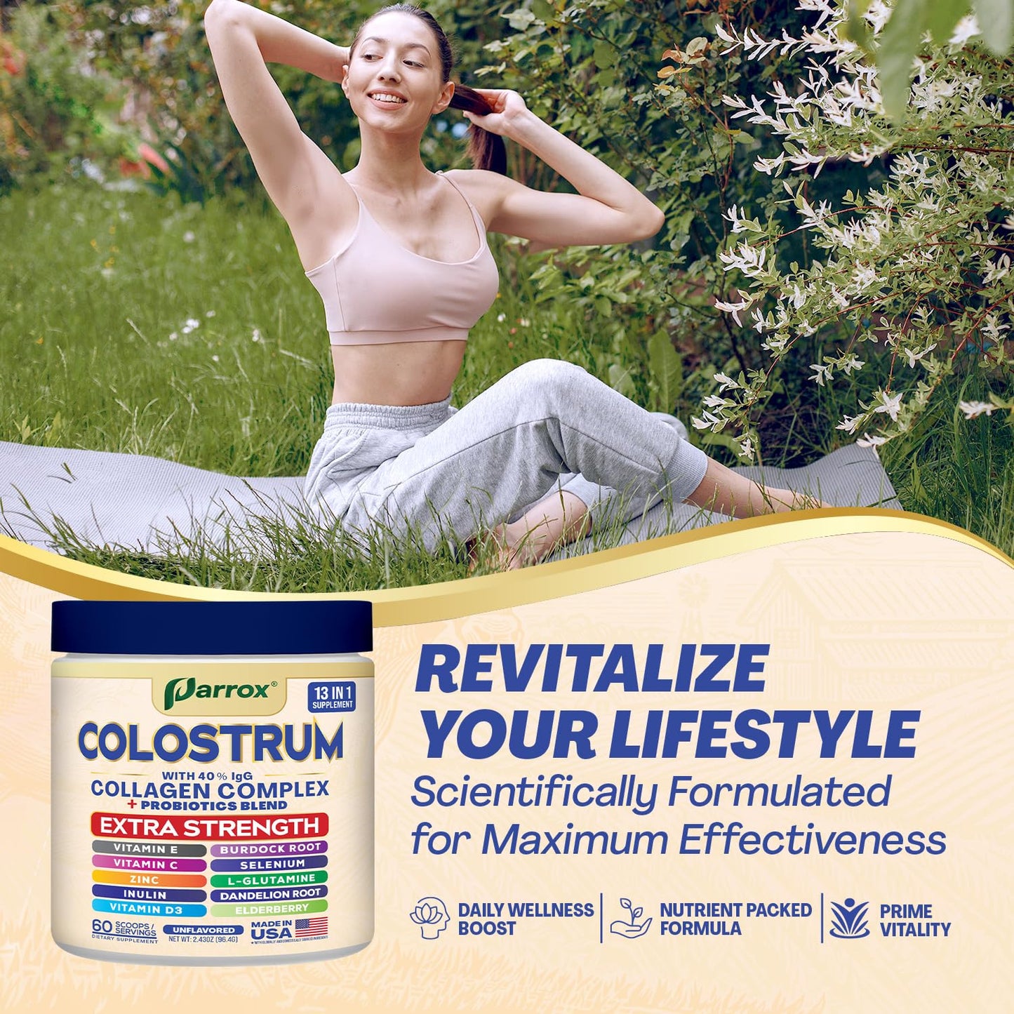 Parrox Colostrum Powder with 40% IgG, Collagen, Probiotics, Burdock Root, L-Glutamine, Elderberry, Vitamin C, Vitamin E, Vitamin D3, Inulin, Selenium, Dandelion Root, Zinc, 60 Servings (Unflavored) ParroxBuy Supplements Australia