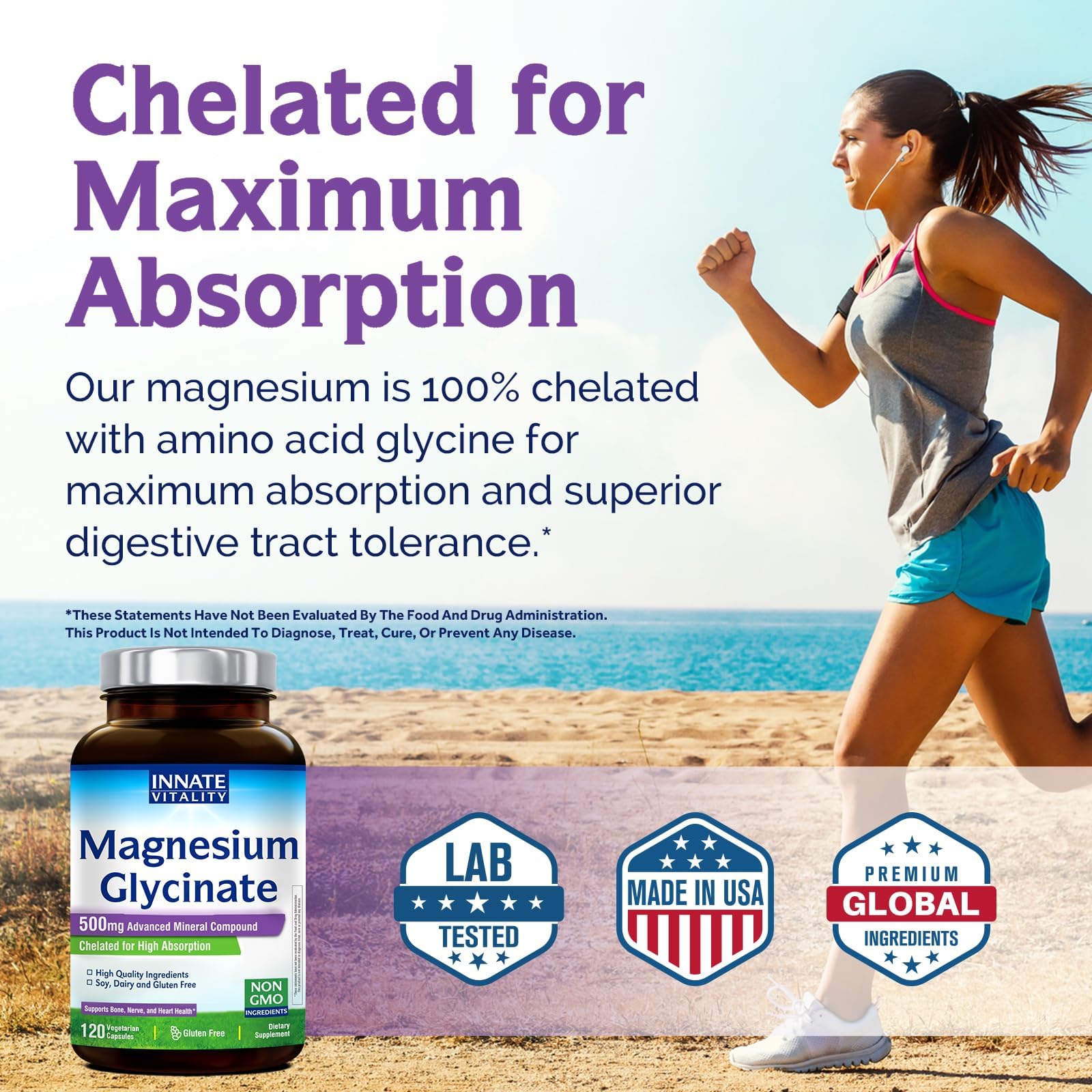 Innate Vitality Magnesium Glycinate 500mg | 70mg Elemental Magnesium Supplement - High Absorption, Non Buffered, Non-GMO & No Gluten - Vegan - Nerve Health - 120 Capsules (Pack of 1) Innate VitalityBuy Supplements Australia