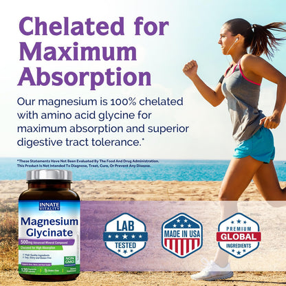 Innate Vitality Magnesium Glycinate 500mg | 70mg Elemental Magnesium Supplement - High Absorption, Non Buffered, Non-GMO & No Gluten - Vegan - Nerve Health - 120 Capsules (Pack of 1) Innate VitalityBuy Supplements Australia