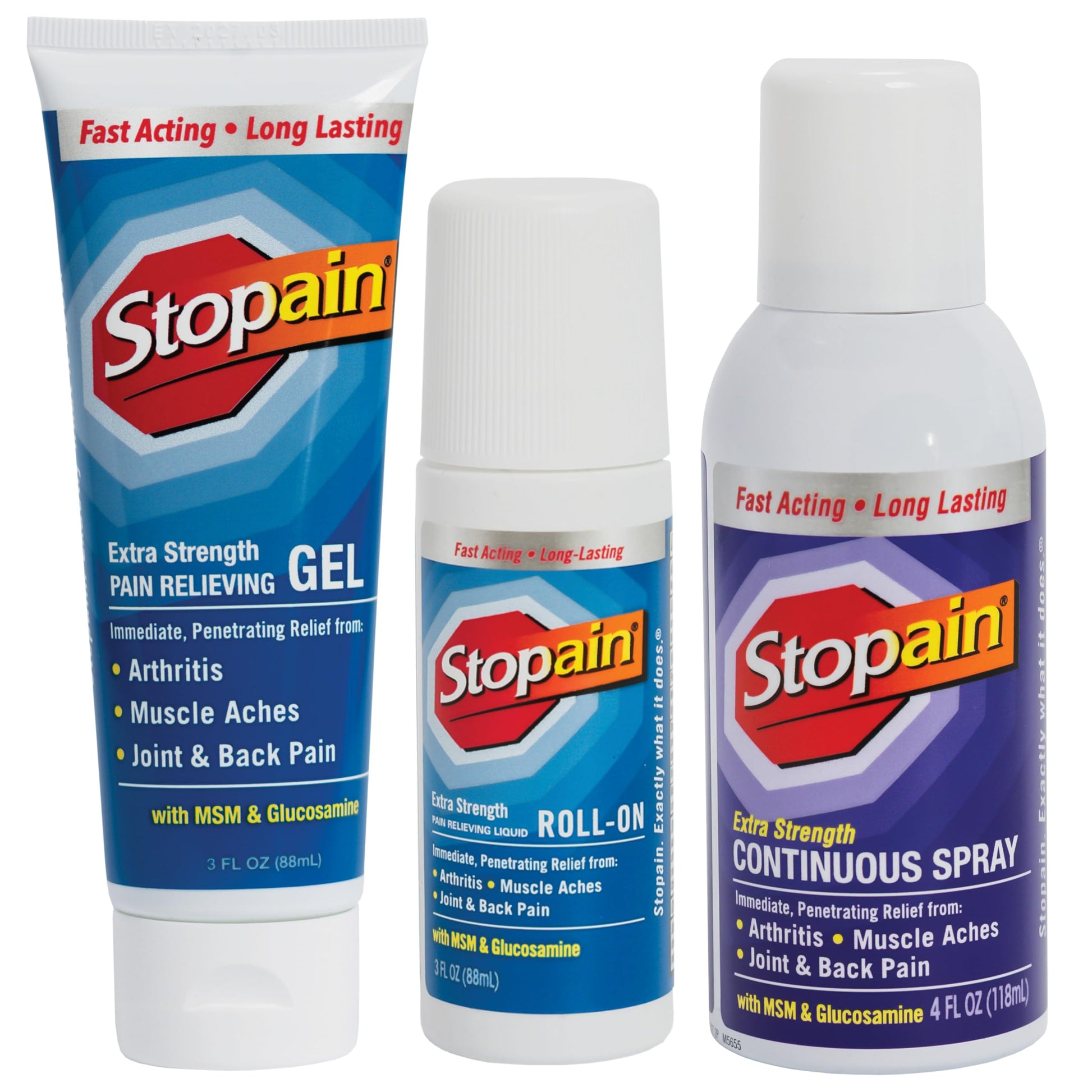 Stopain Pain Relief Combo Set (Gel, Roll On, Spray) USA Made, Max Strength Fast Acting with MSM, Glucosamine, Menthol for Lower Back, Knee, Neck HSA FSA Topical Analgesic Products StopainBuy Supplements Australia
