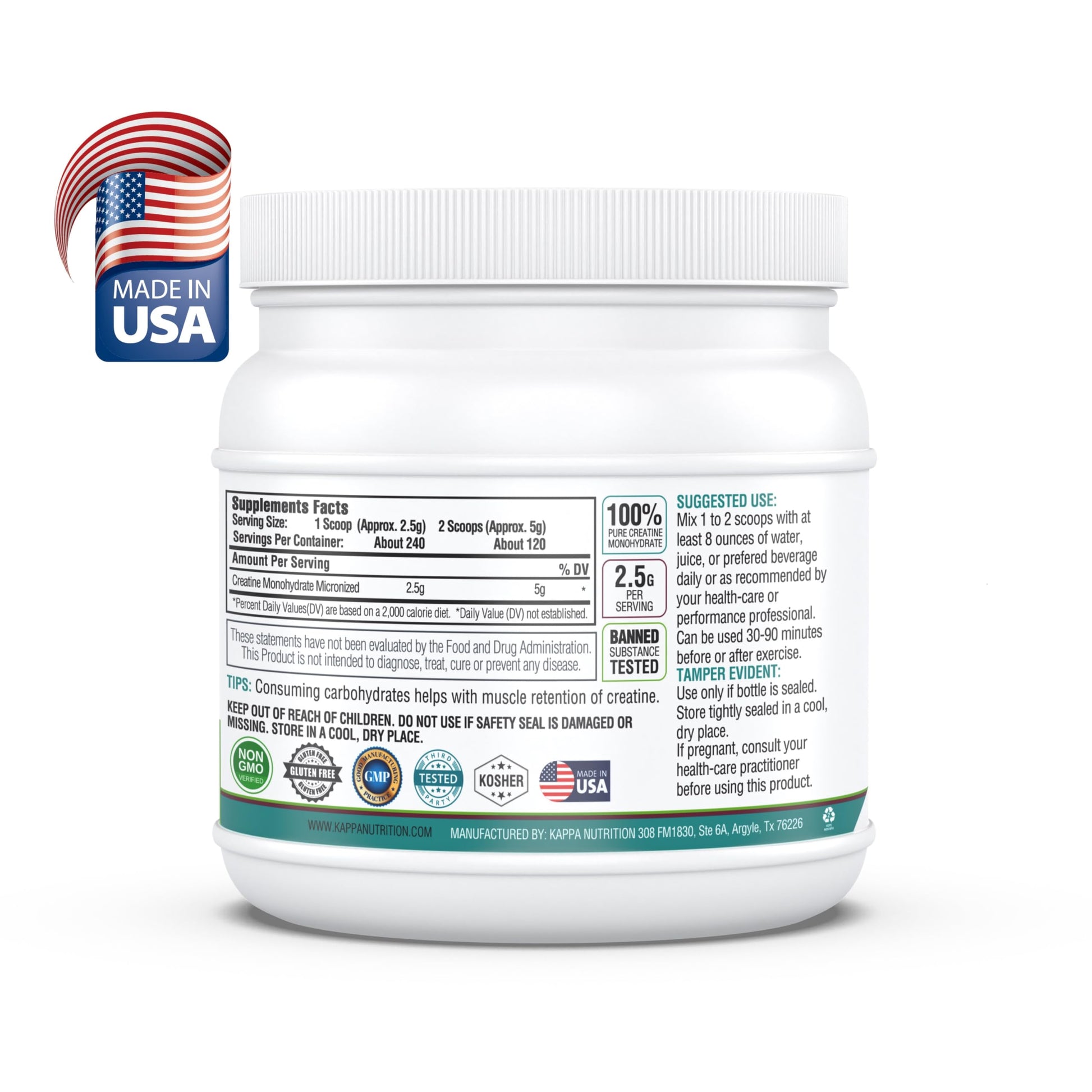 Kappa Nutrition Creatine Monohydrate Powder, Pure Amino Acid Formula, Supports Muscle Strength, Cellular Energy & Mental Focus* Gluten-Free, Keto, 2.25g per Scoop, 240 Servings, Net Wt. 1.32 LB (600g) KAPPA NUTRITIONBuy Supplements Australia