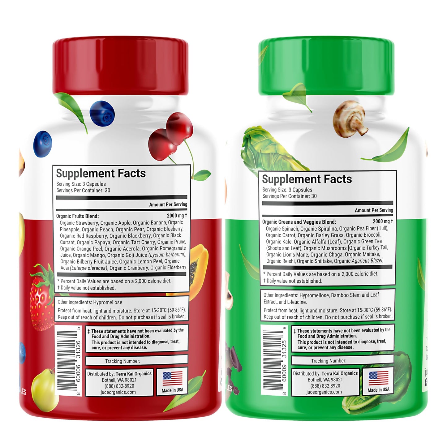 Juce Original Formula - Organic Super Fruit & Veggies Supplement - Gluten/Gelatin Free, Soy Free & Vegan- Reds & Greens Superfood Capsules- 23 Fruits & 23 Vegetables (180 Count)- By Terra Kai Organics Terra Kai OrganicsBuy Supplements Australia