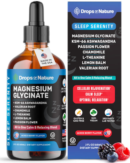 Magnesium Glycinate & Ashwagandha Liquid Drops with Valerian Root, Chamomile, Passion Flower, Lemon Balm & L-Theanine - Vegan Fast Absorption - Supplement for Wellness & Relaxation (Mixed Berry, 60mL) Drops Of NatureBuy Supplements Australia