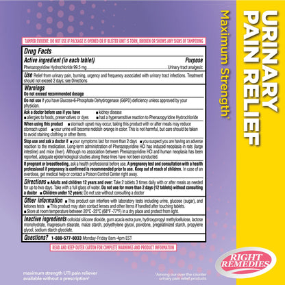 RIGHT REMEDIES Urinary Pain Relief Phenazopyridine HCl 99.5mg Tablets | Maximum Strength OTC for Fast Relief of UTI Pain, Burning and Bladder discomfort | Generic AZO Maximum Strength (72 Count) RIGHT REMEDIESBuy Supplements Australia