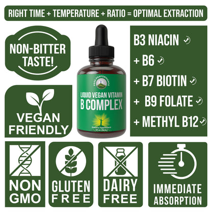 B Complex Liquid Drops Vegan Supplement. Best 5 B Vitamins with B3 Niacin, B6, B7 Biotin, B9 Folate, Methylcobalamin B12. B-Complex for Hair, Skin Nails, Energy. for Adults, Men, Women Peak PerformanceBuy Supplements Australia