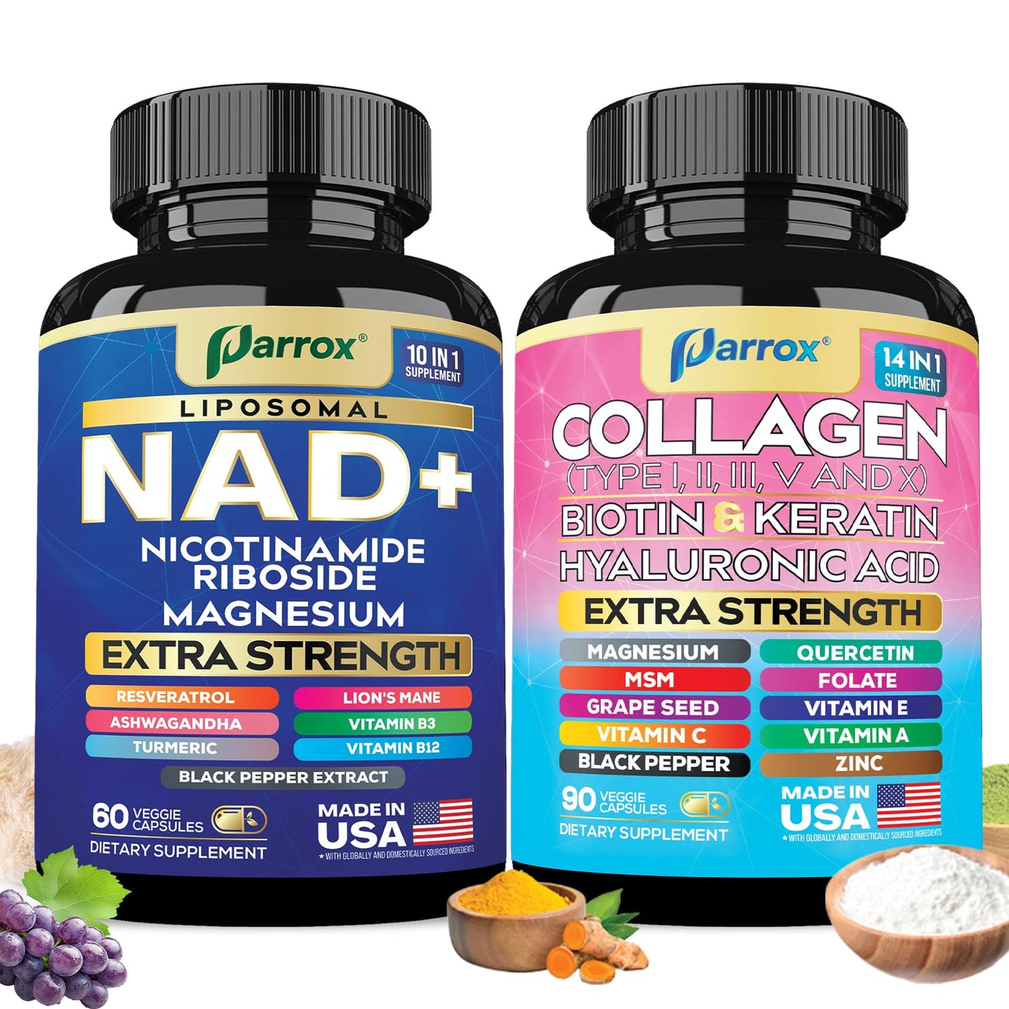 Parrox Forever Young Set with Liposomal NAD, Nicotinamide Riboside, Magnesium, Resveratrol, Lion's Mane, Collagen Peptides Types I, II, III, V and X, Biotin & Keratin, Hyaluronic Acid, Zinc, Quercetin ParroxBuy Supplements Australia