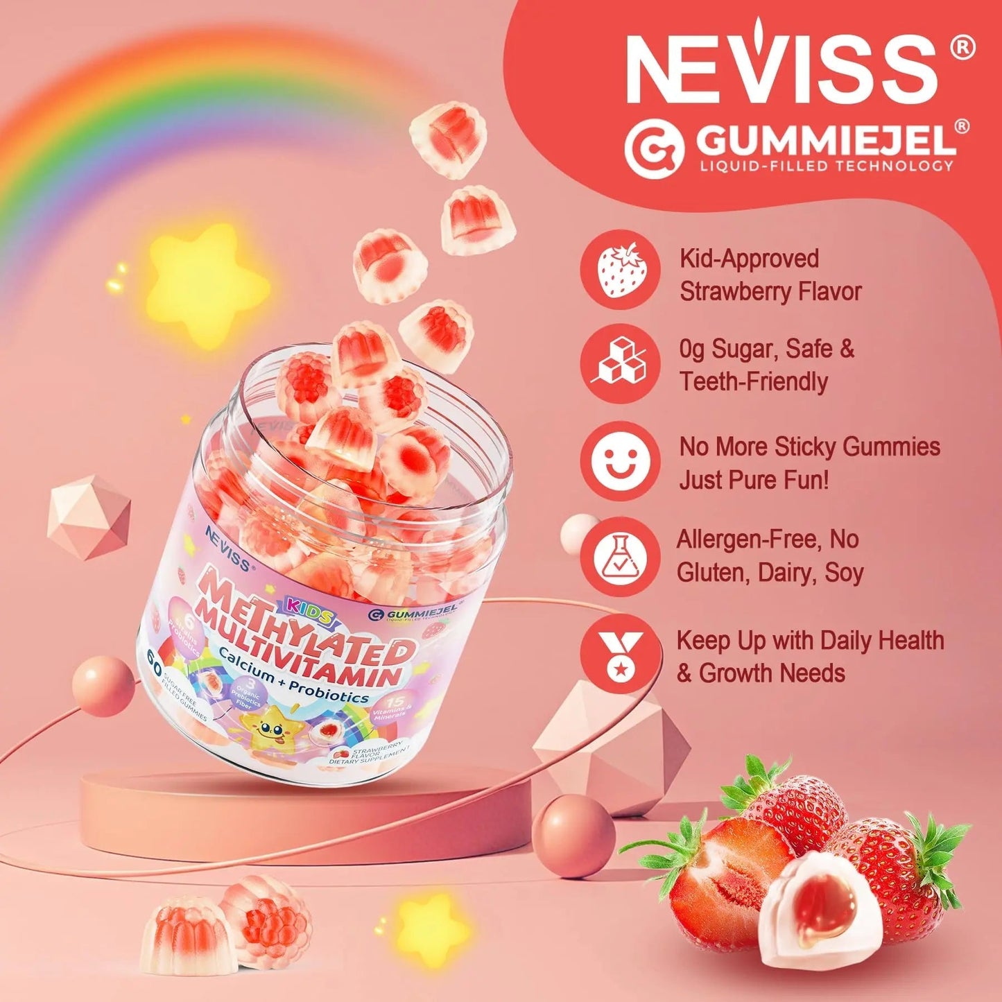 Kids Multivitamin Gummies + Calcium, Probiotics, Vitamin D3, C, Methylated B12 & Methylfolate, B6, A, K2, E, Zinc NEVISSBuy Supplements Australia