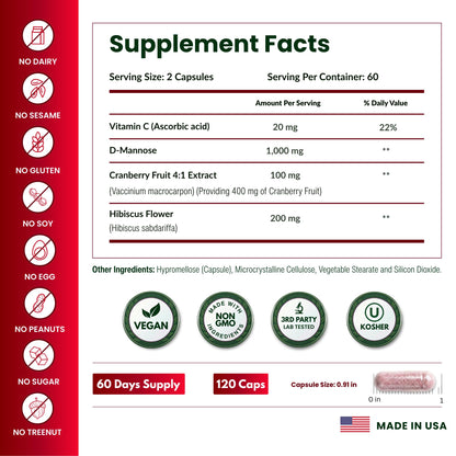 ForestLeaf D Mannose Supplements for Women & Men - D-Mannose 1000mg Capsules with Cranberry, Hibiscus & VIT C - DMannose Pills for UTI