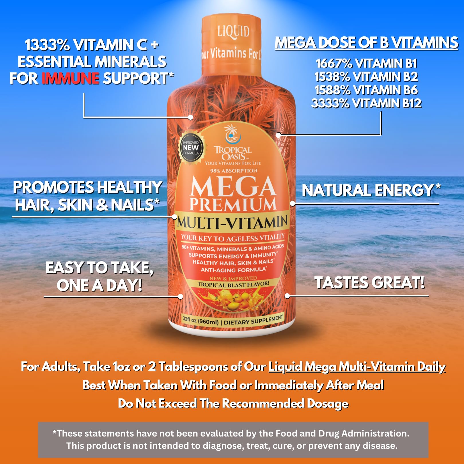 Mega Premium Liquid Multivitamin | Natural Immune Support Vitamin w/ 1333% Vitamin C, 200% D3, Zinc + 20 Vitamins, 70 Minerals, & 21 Amino Acids | Sugar Free | Orange Flavor | 98% Absorption | 32 Serv Tropical OasisBuy Supplements Australia
