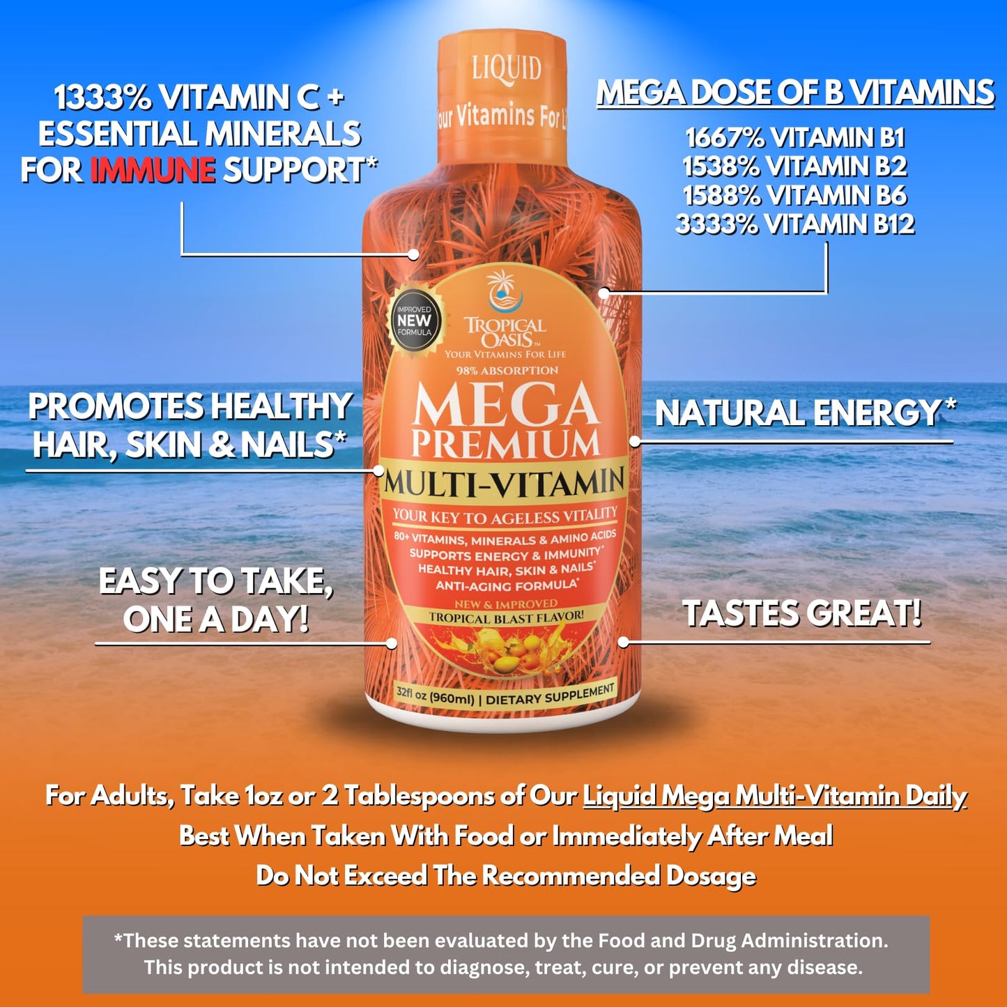Mega Premium Liquid Multivitamin | Natural Immune Support Vitamin w/ 1333% Vitamin C, 200% D3, Zinc + 20 Vitamins, 70 Minerals, & 21 Amino Acids | Sugar Free
